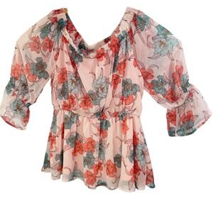 Hive & Honey Floral Blouse Off Shoulder Top  Casual‎ Pink Blue Women's Small